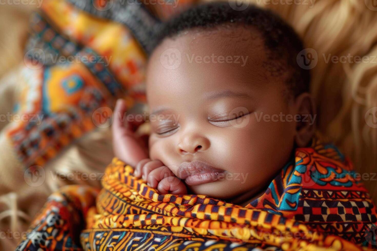 A swaddled newborn baby of African descent with a serene expression photo