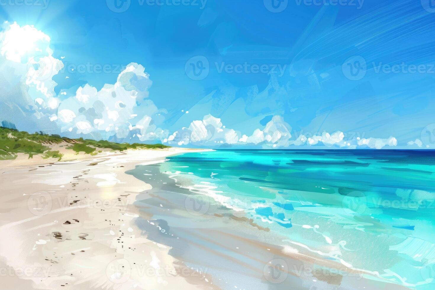 A sandy beach with turquoise waters and a clear blue summer sky photo