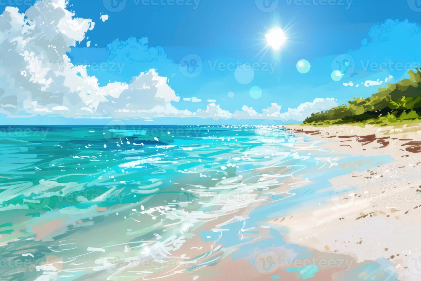 A sandy beach with turquoise waters and a clear blue summer sky photo