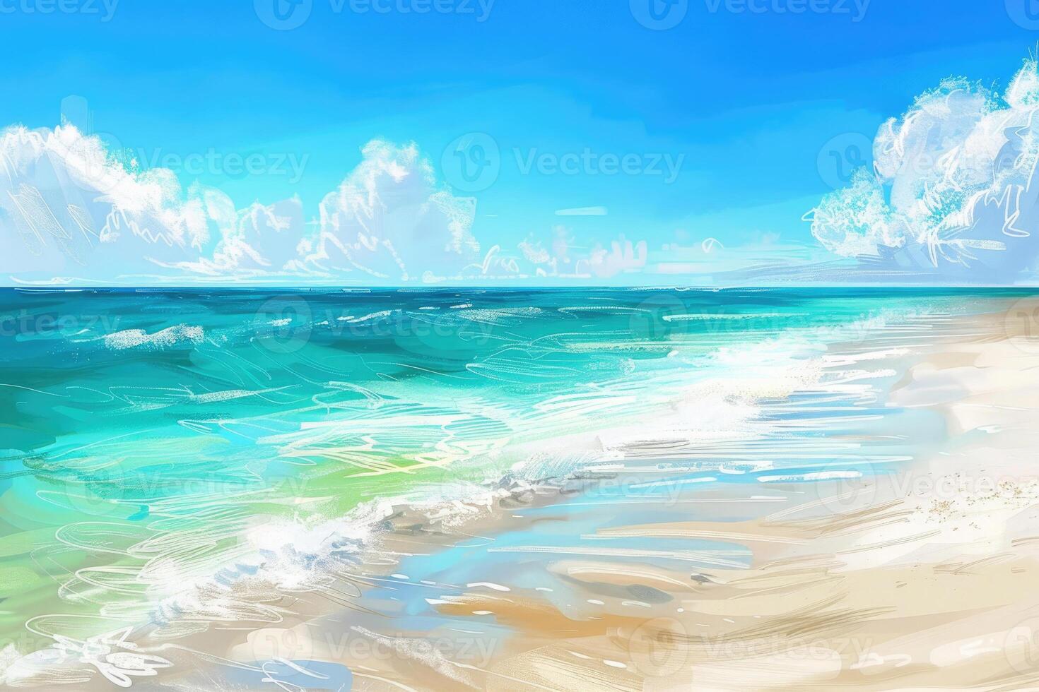 A sandy beach with turquoise waters and a clear blue summer sky photo