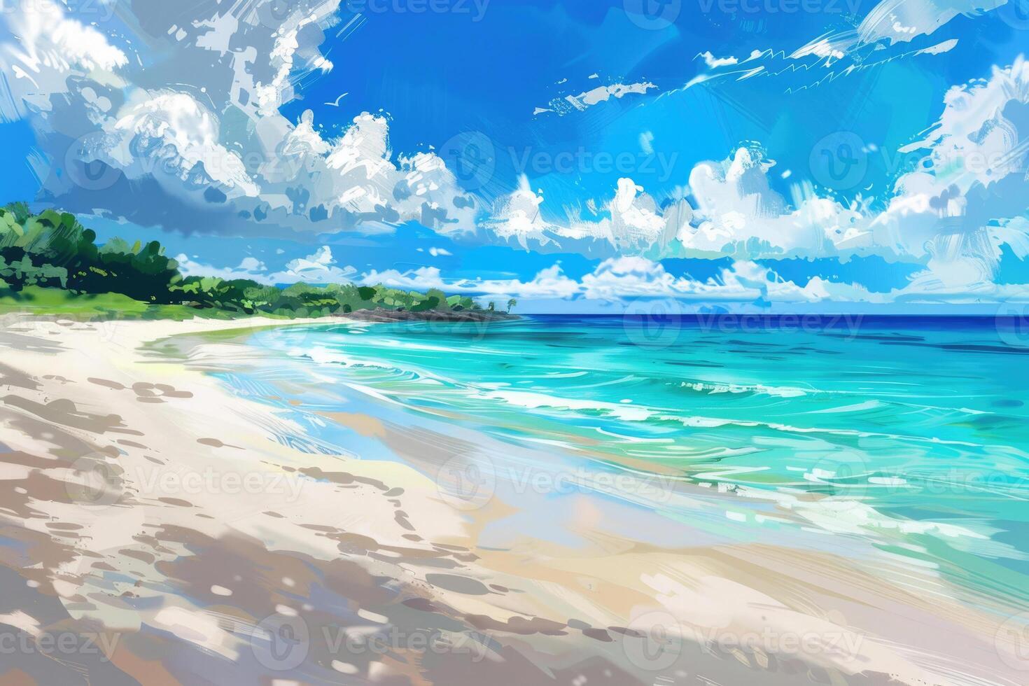 A sandy beach with turquoise waters and a clear blue summer sky photo