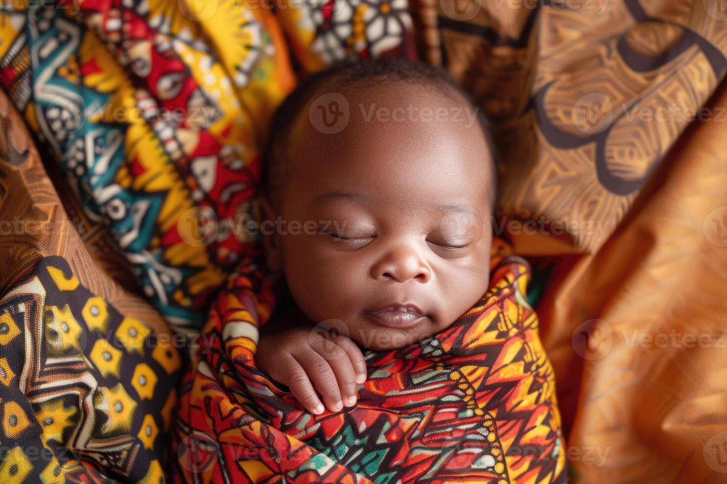 A swaddled newborn baby of African descent with a serene expression photo