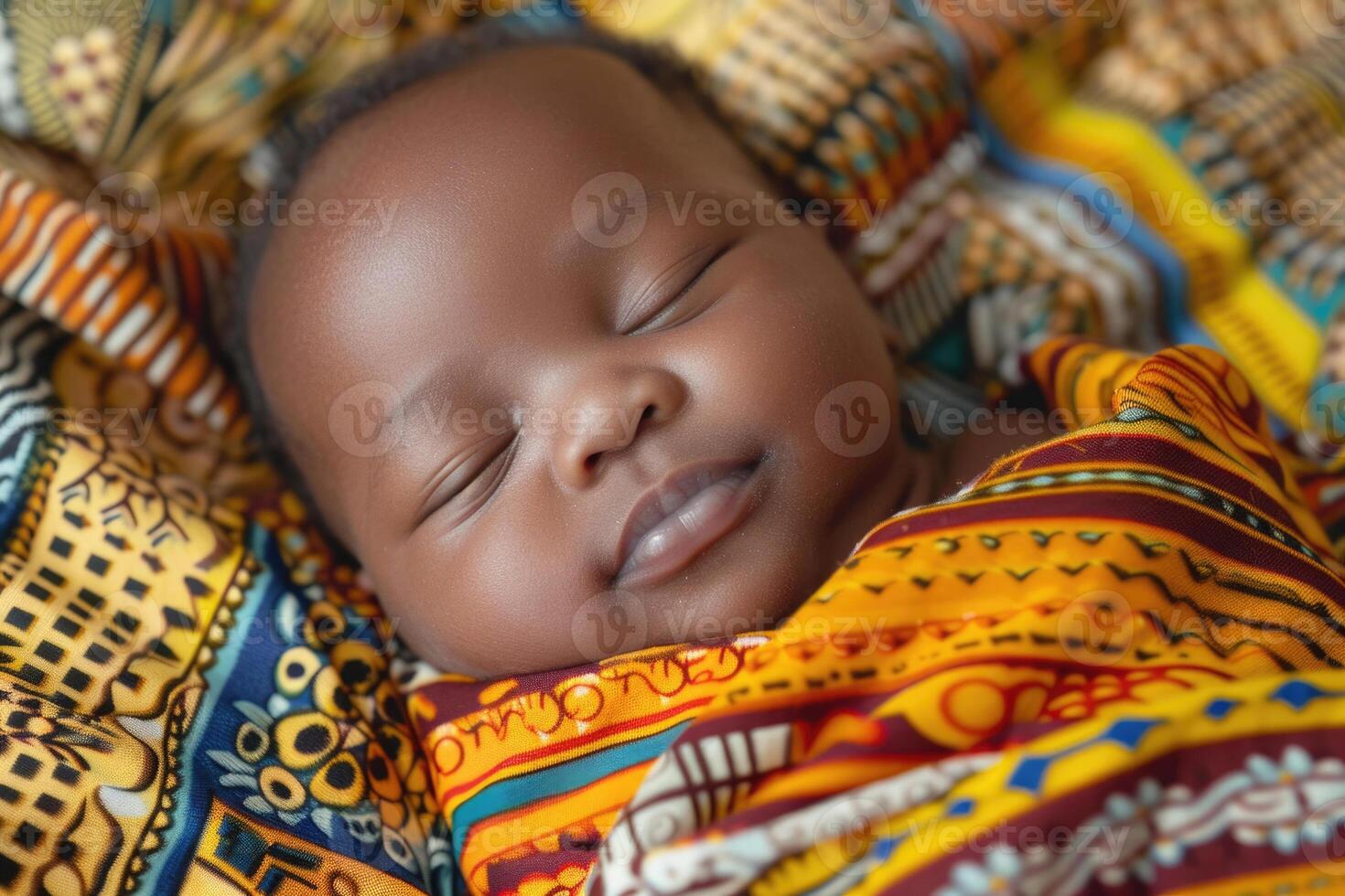 A swaddled newborn baby of African descent with a serene expression photo