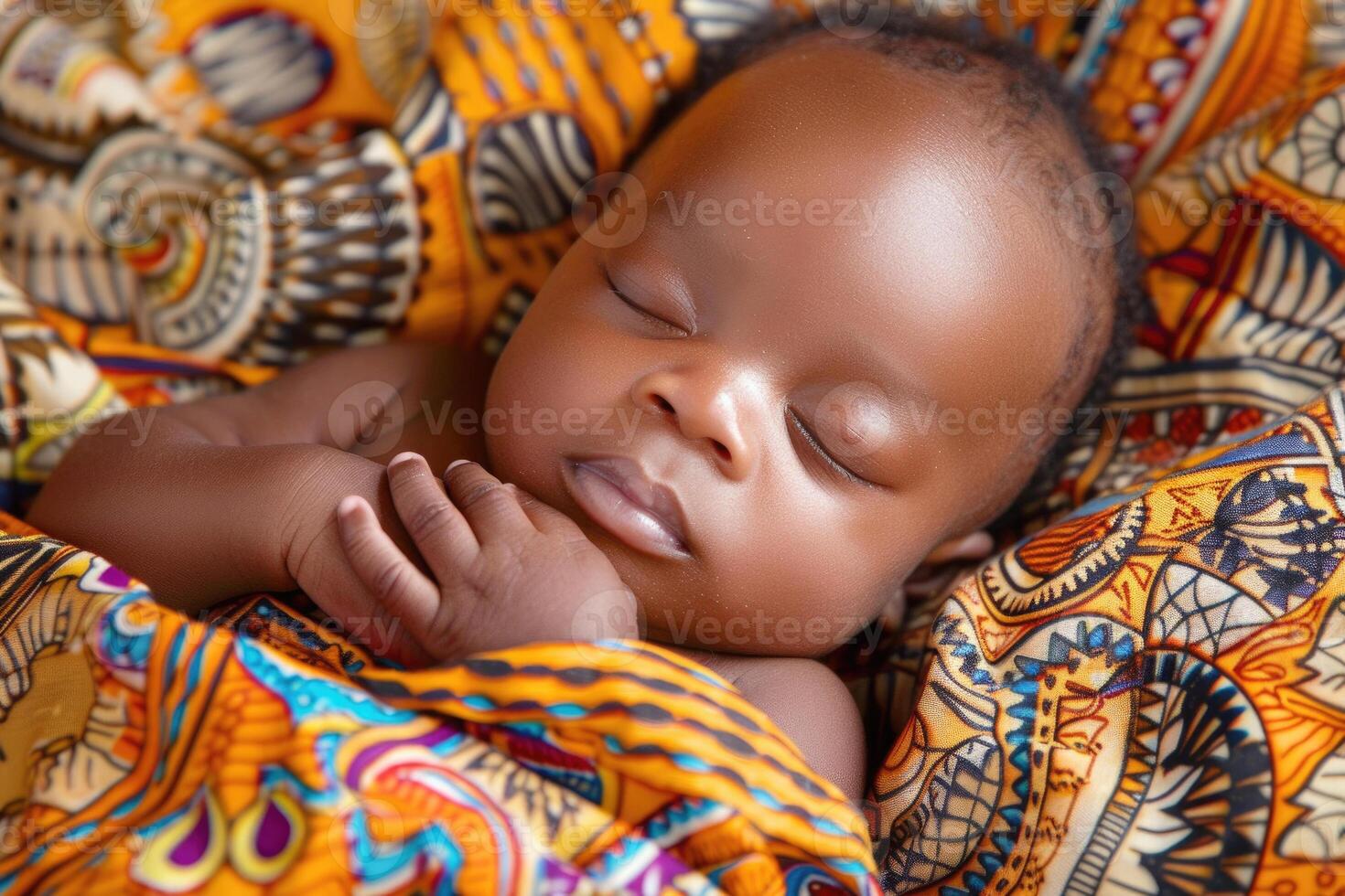 A swaddled newborn baby of African descent with a serene expression photo