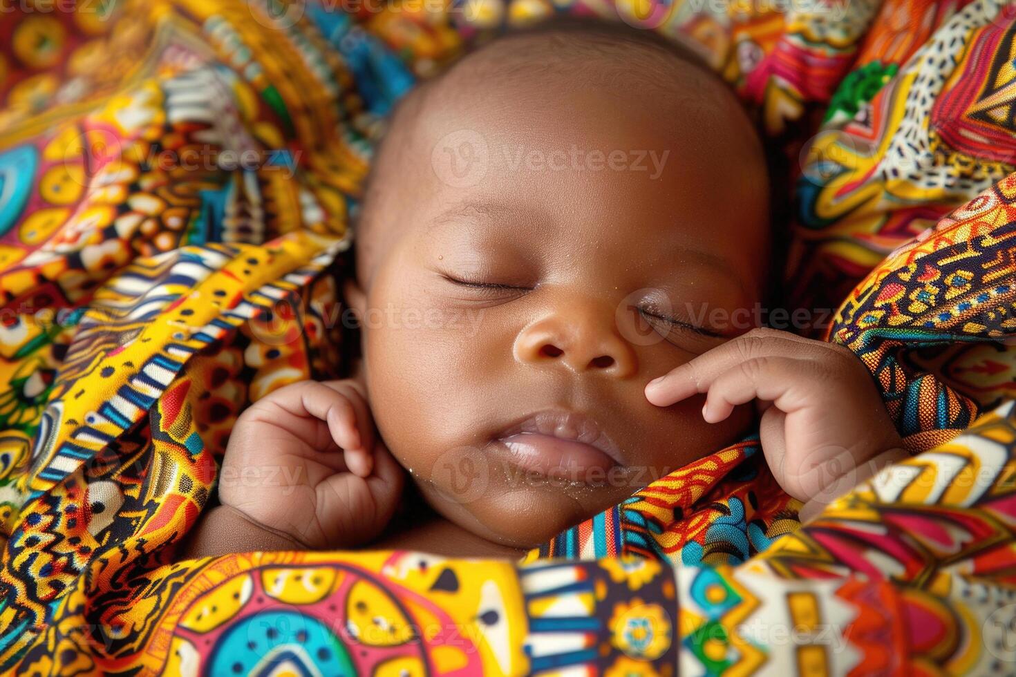 A swaddled newborn baby of African descent with a serene expression photo