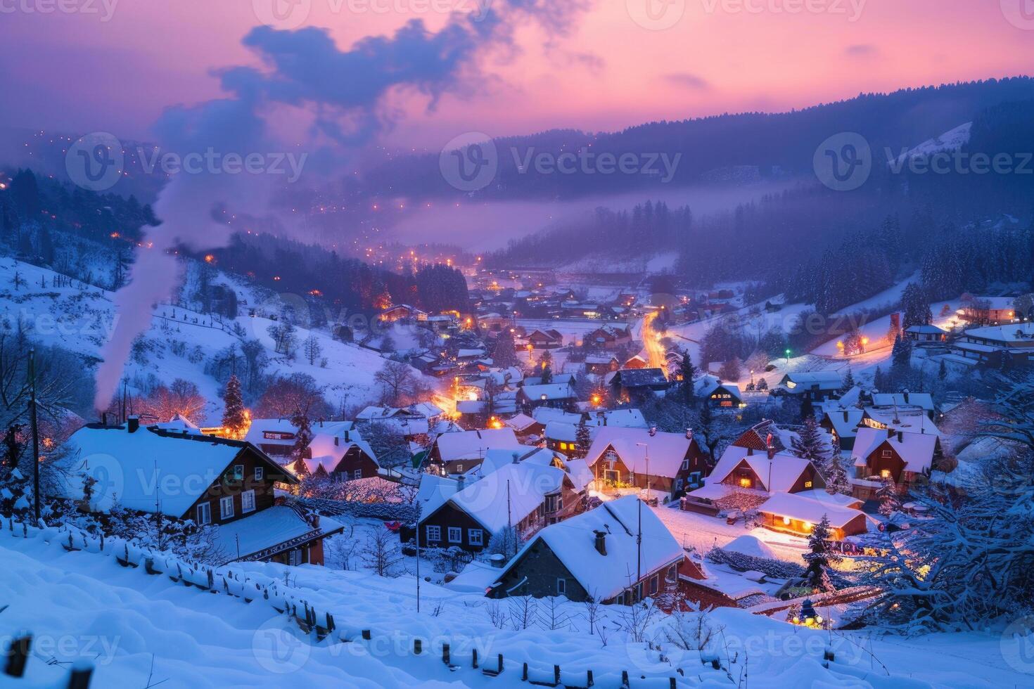 A snow-covered village at twilight with colorful lights photo