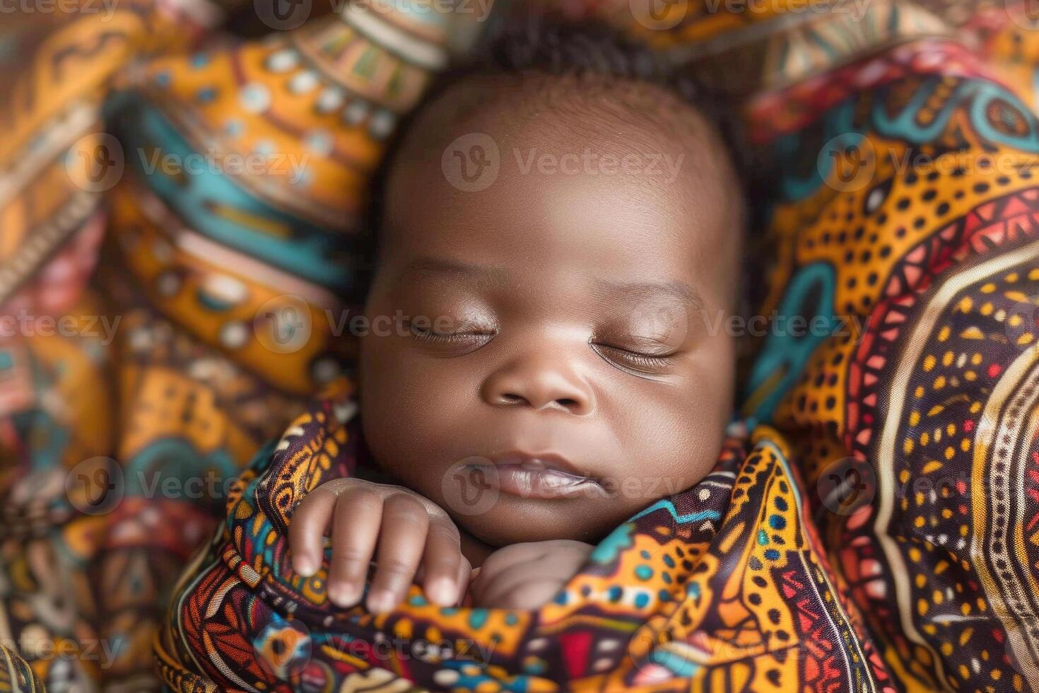 A swaddled newborn baby of African descent with a serene expression photo