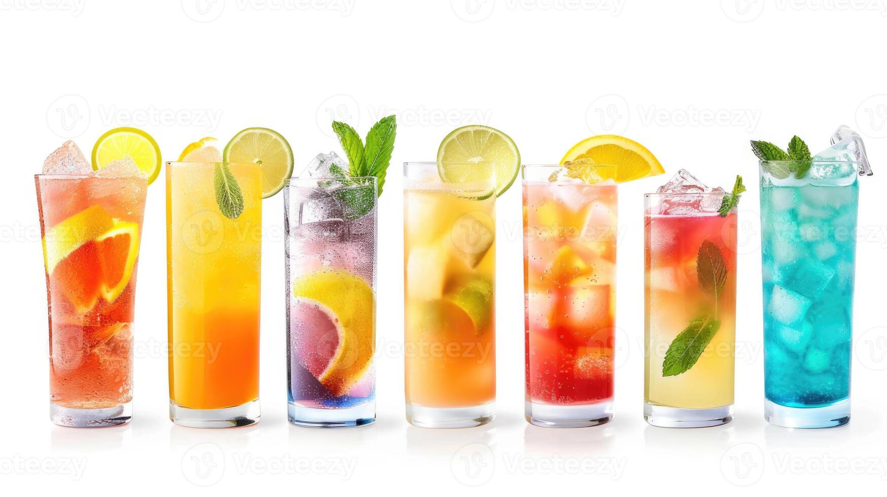 A lineup of colorful non-alcoholic cocktails in tall glasses isolated on white. photo