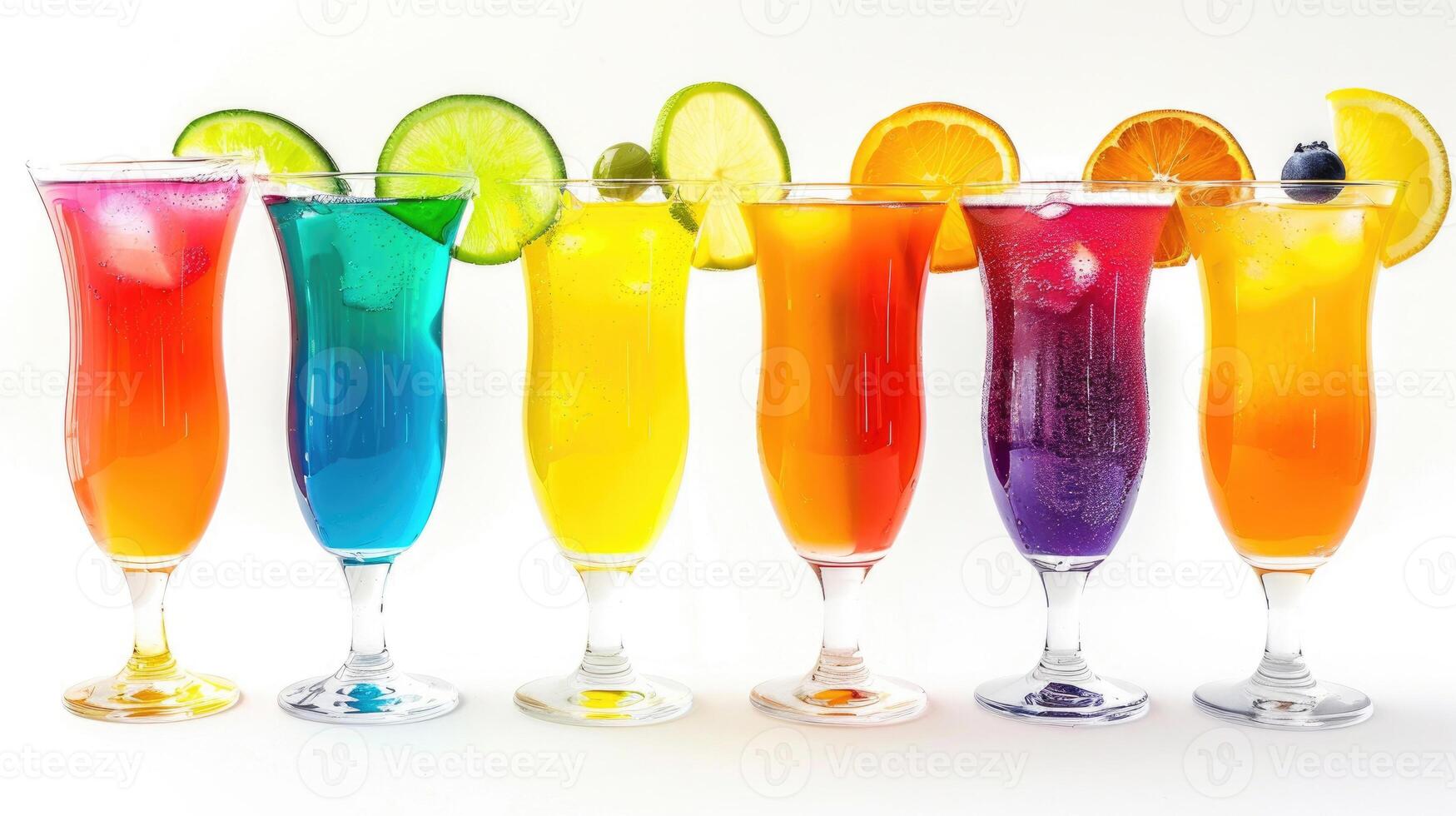 A lineup of colorful non-alcoholic cocktails in tall glasses isolated on white. photo