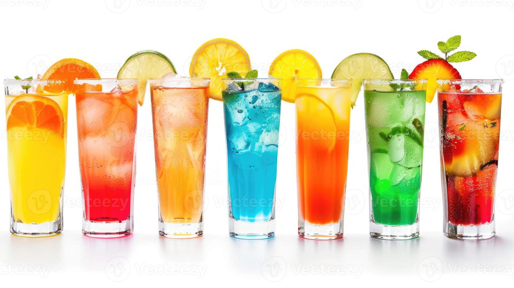 A lineup of colorful non-alcoholic cocktails in tall glasses isolated on white. photo
