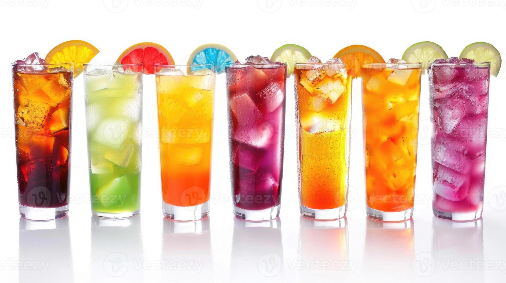A lineup of colorful non-alcoholic cocktails in tall glasses isolated on white. photo