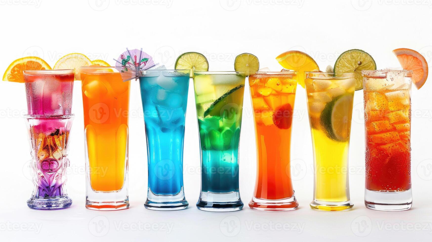 A lineup of colorful non-alcoholic cocktails in tall glasses isolated on white. photo