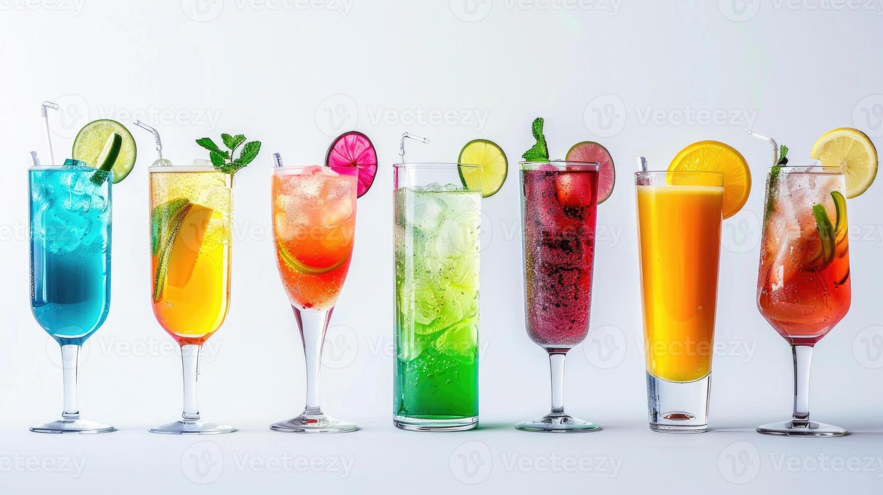 A lineup of colorful non-alcoholic cocktails in tall glasses isolated on white. photo