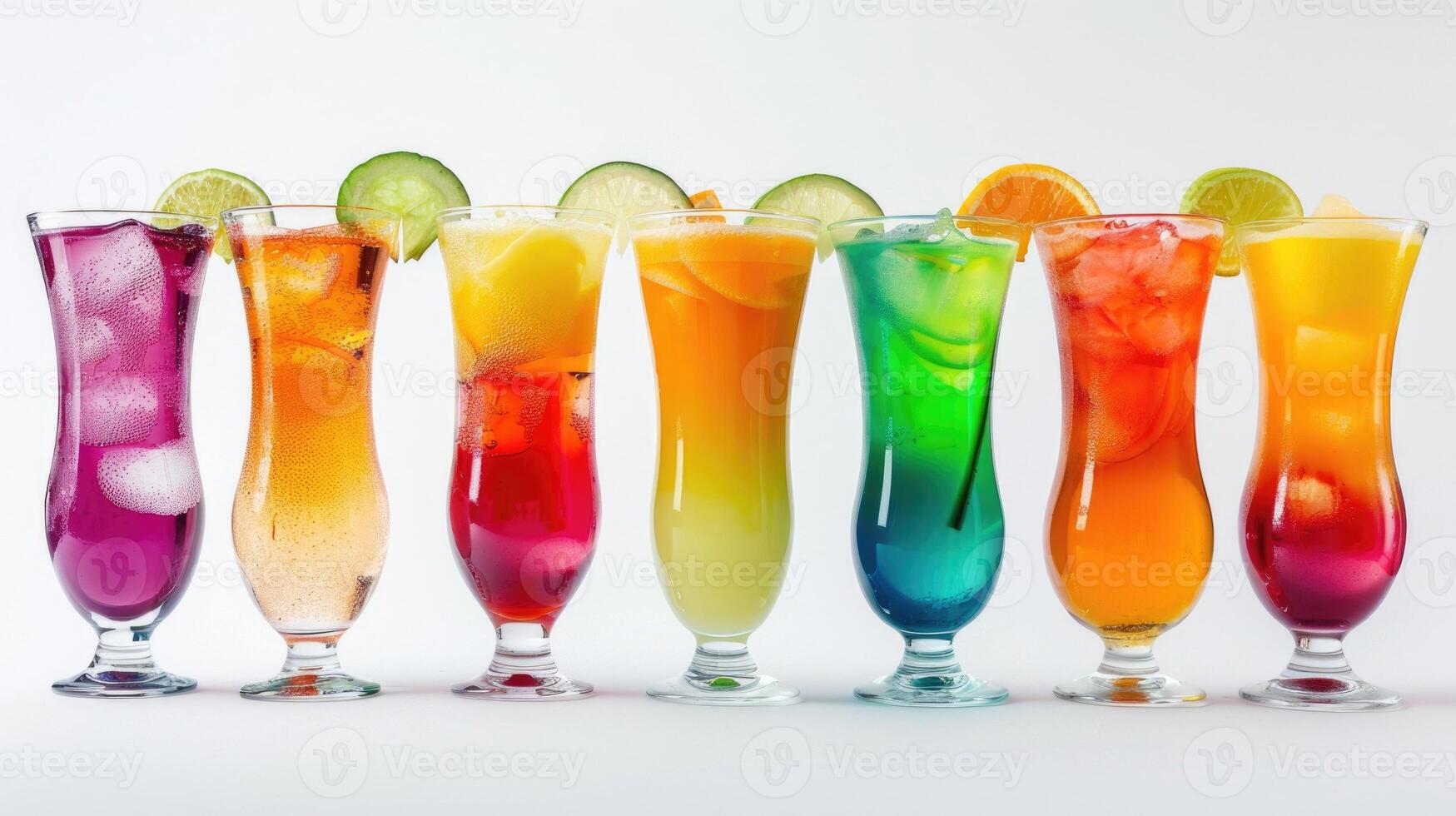 A lineup of colorful non-alcoholic cocktails in tall glasses isolated on white. photo