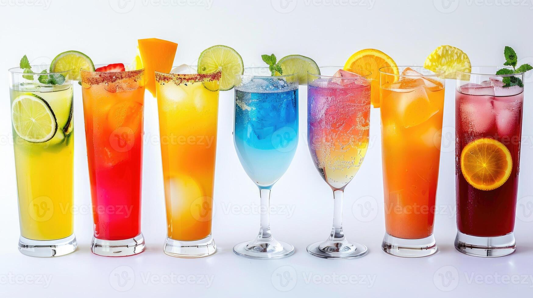 A lineup of colorful non-alcoholic cocktails in tall glasses isolated on white. photo