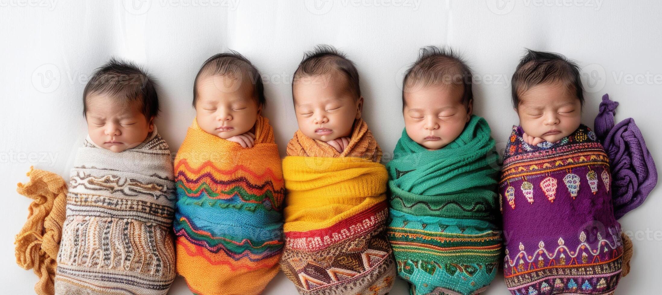 Five swaddled newborn babies of diverse ethnicities lying side by side on a white background. photo