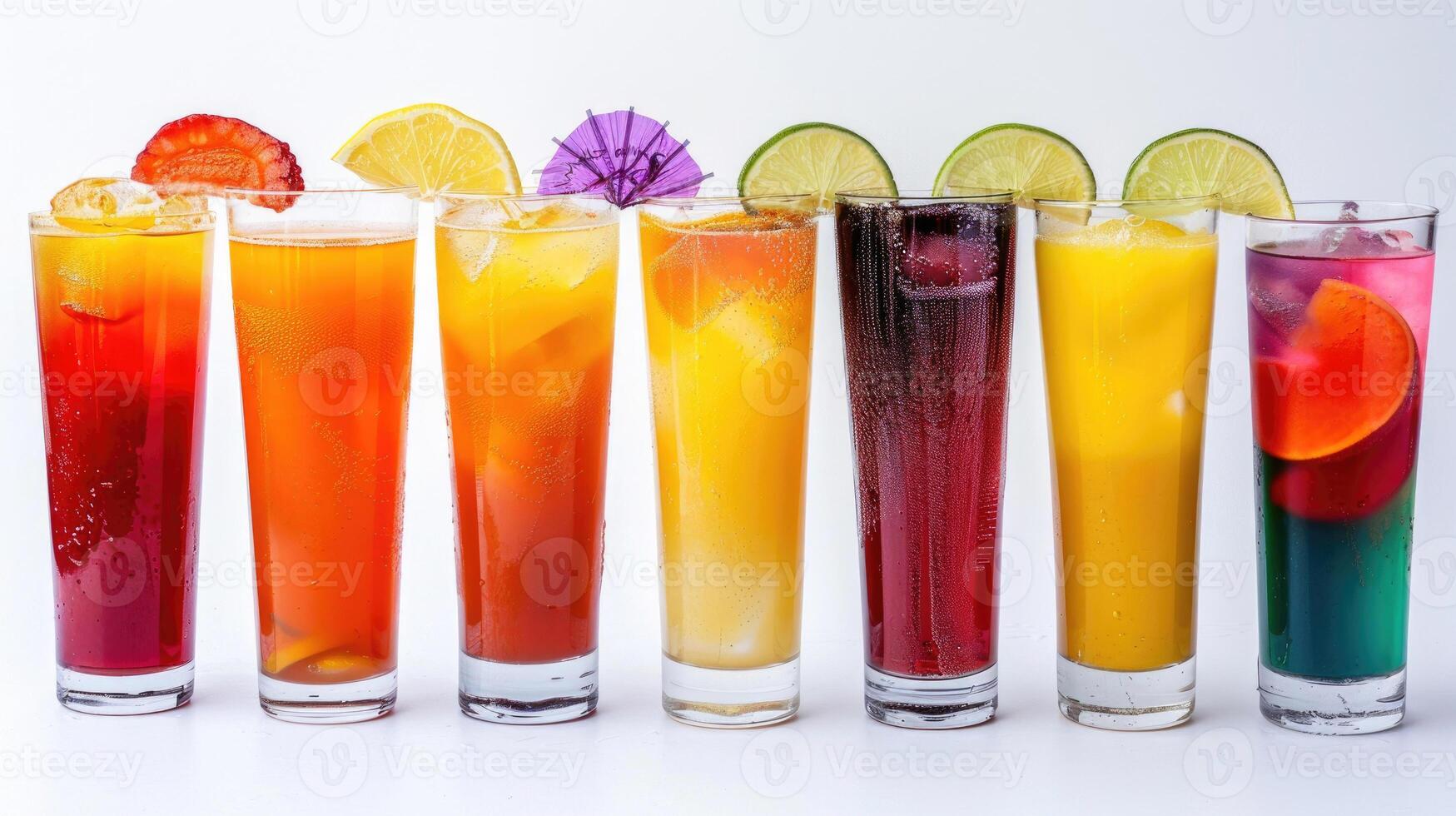A lineup of colorful non-alcoholic cocktails in tall glasses isolated on white. photo