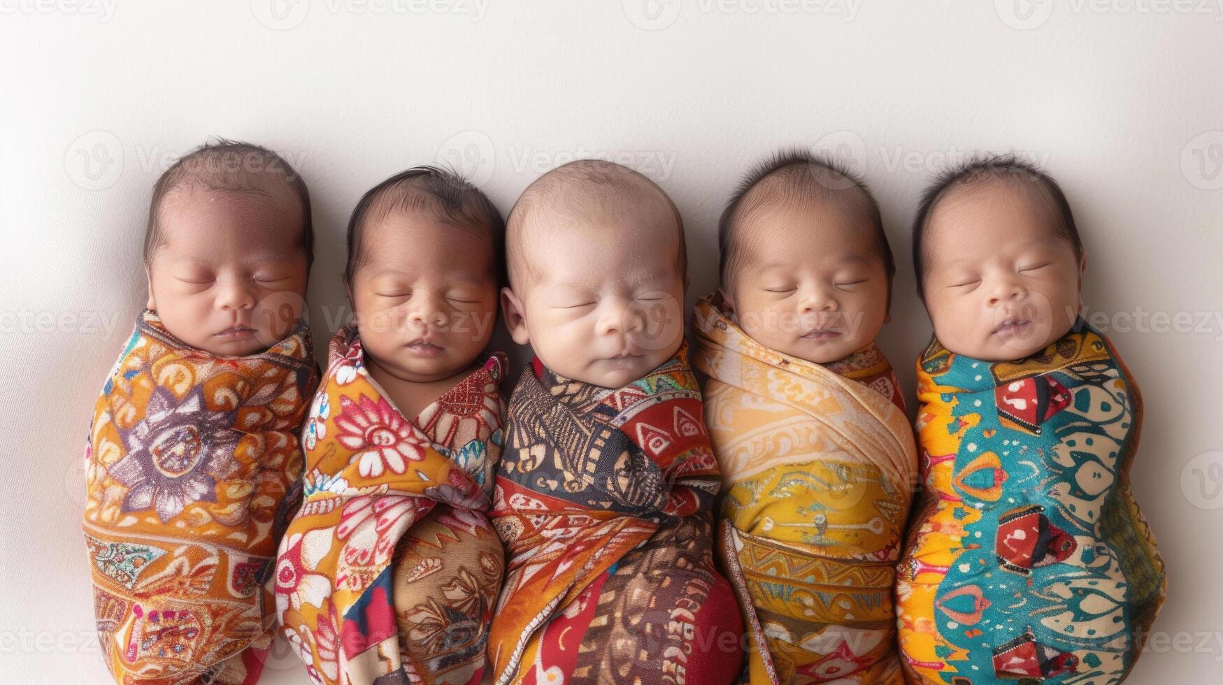 Five swaddled newborn babies of diverse ethnicities lying side by side on a white background. photo