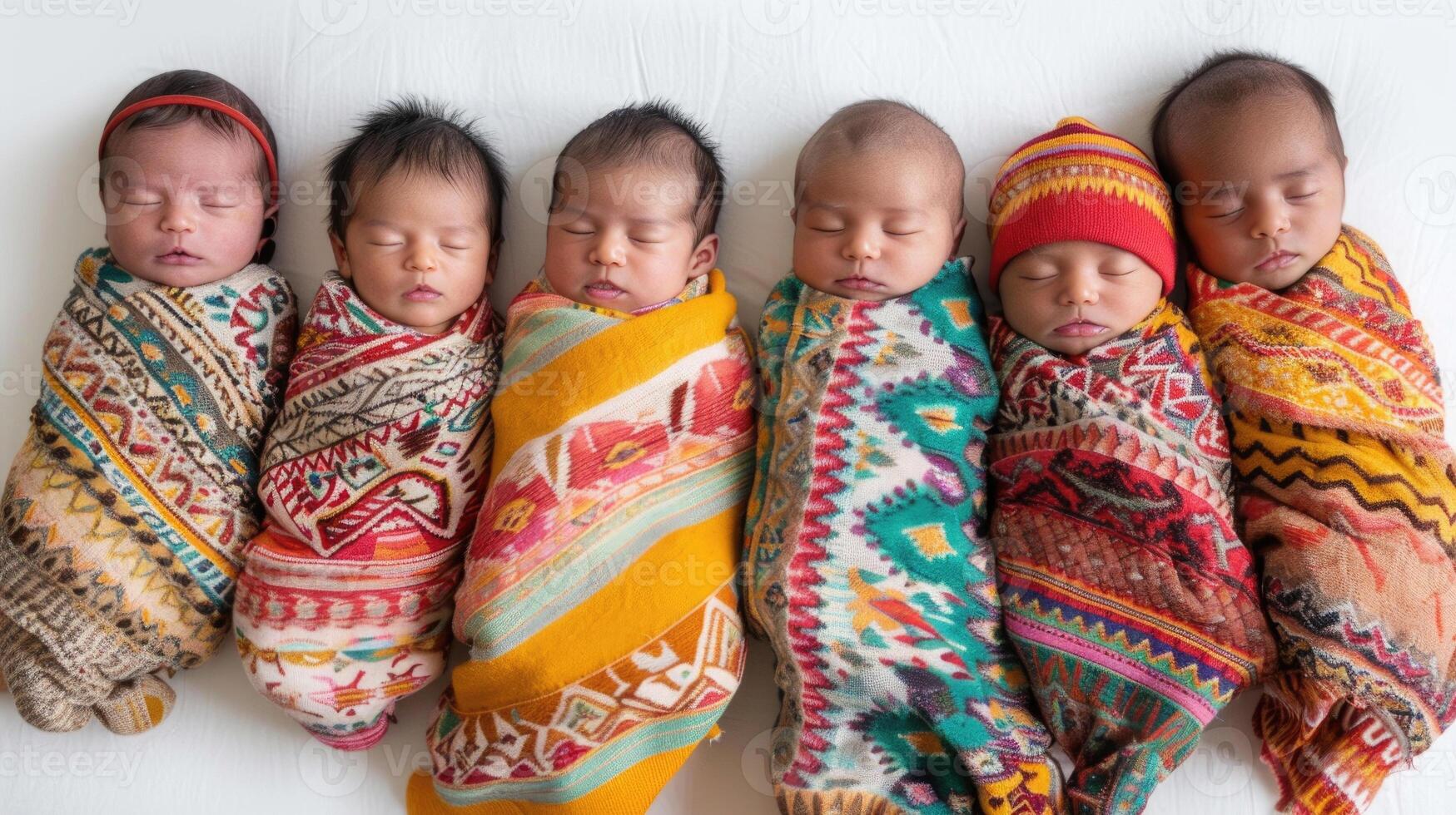 Five swaddled newborn babies of diverse ethnicities lying side by side on a white background. photo