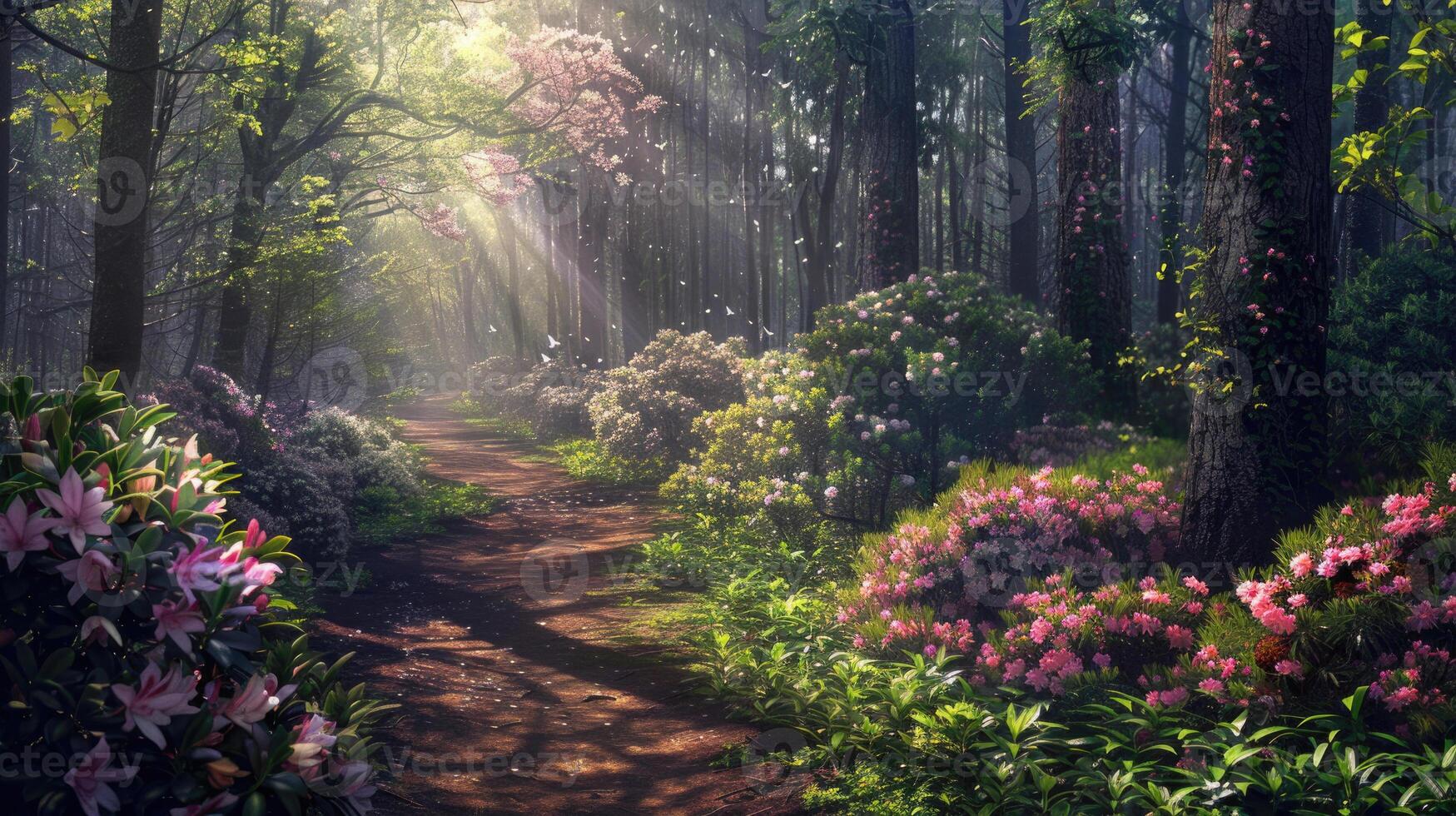 A winding path through a vibrant forest with blooming flowers and sunlight filtering through trees. photo