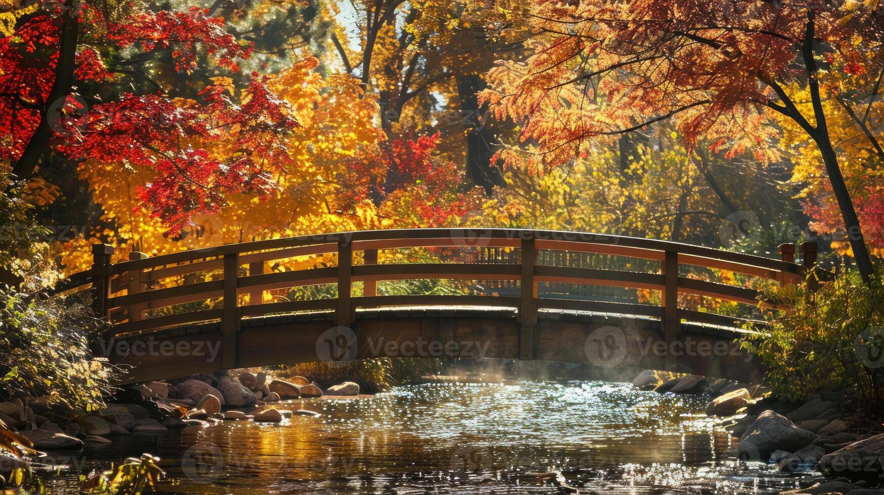 A bridge over a stream surrounded by colorful autumn leaves. photo