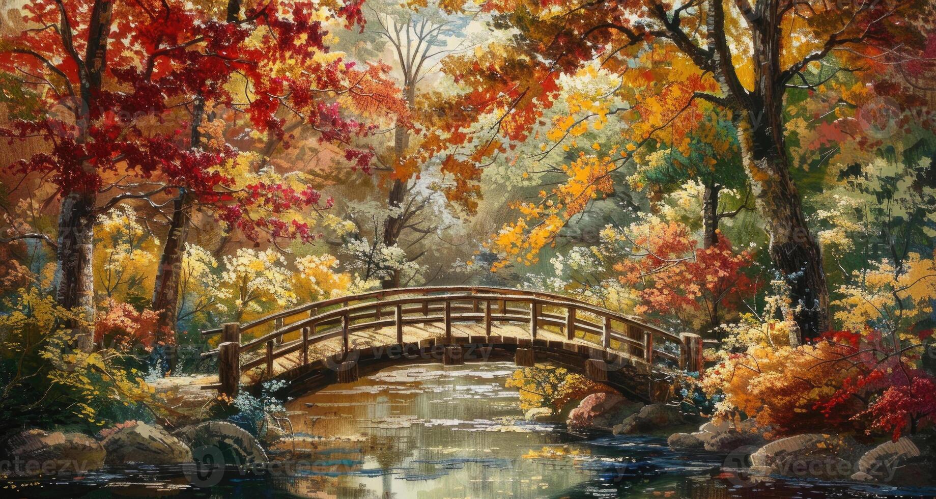 A bridge over a stream surrounded by colorful autumn leaves. photo