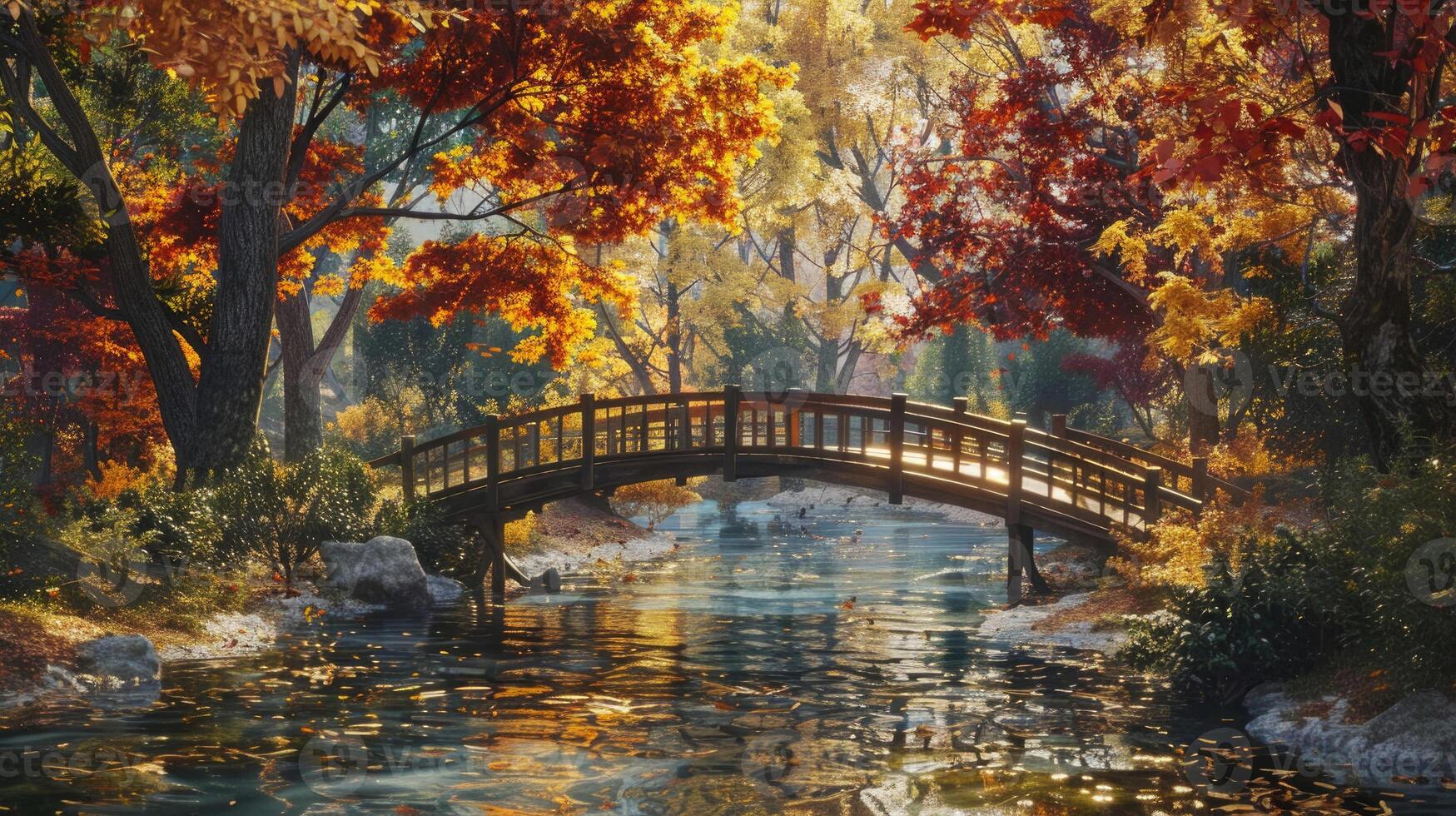 A bridge over a stream surrounded by colorful autumn leaves. photo