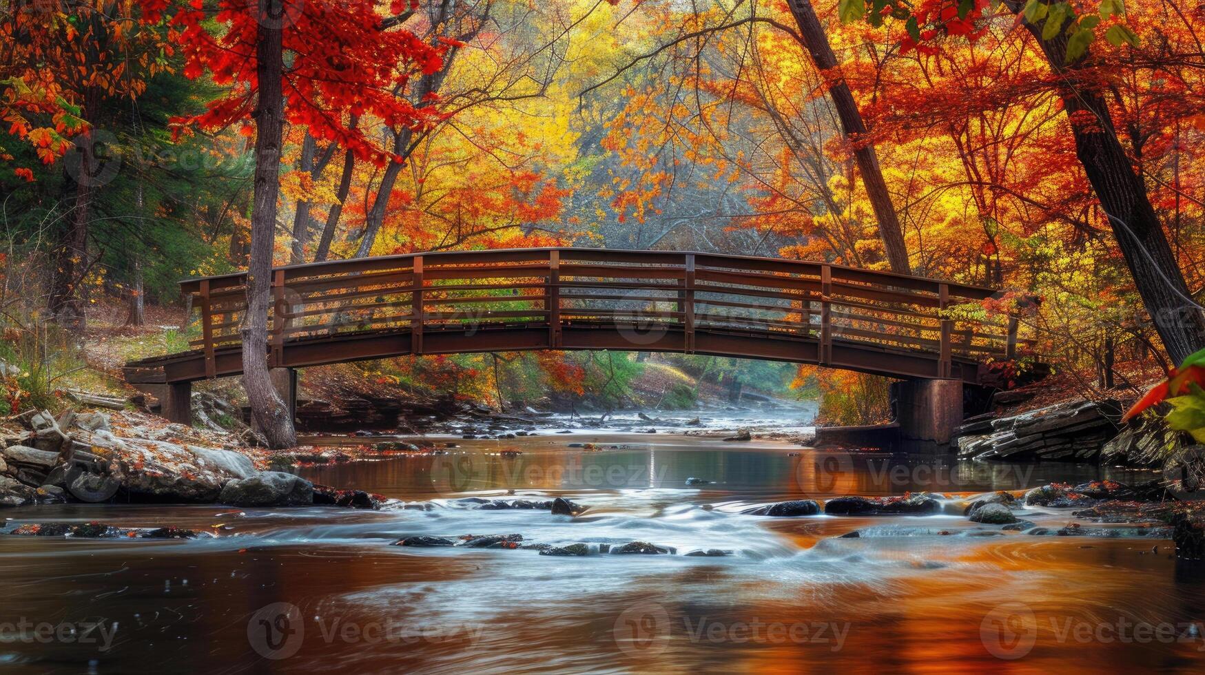 A bridge over a stream surrounded by colorful autumn leaves. photo