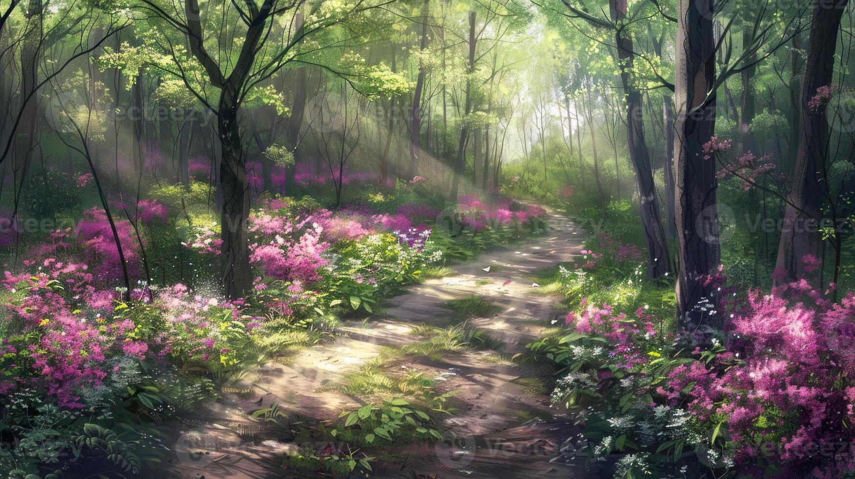 A winding path through a vibrant forest with blooming flowers and sunlight filtering through trees. photo