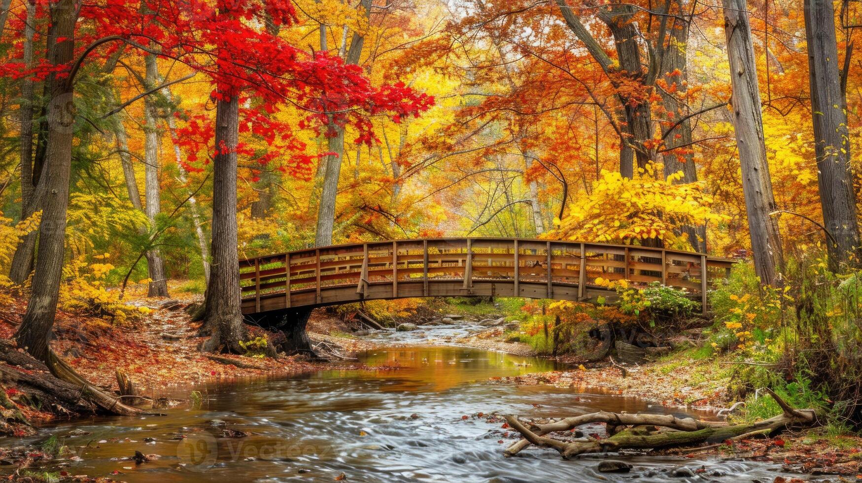 A bridge over a stream surrounded by colorful autumn leaves. photo