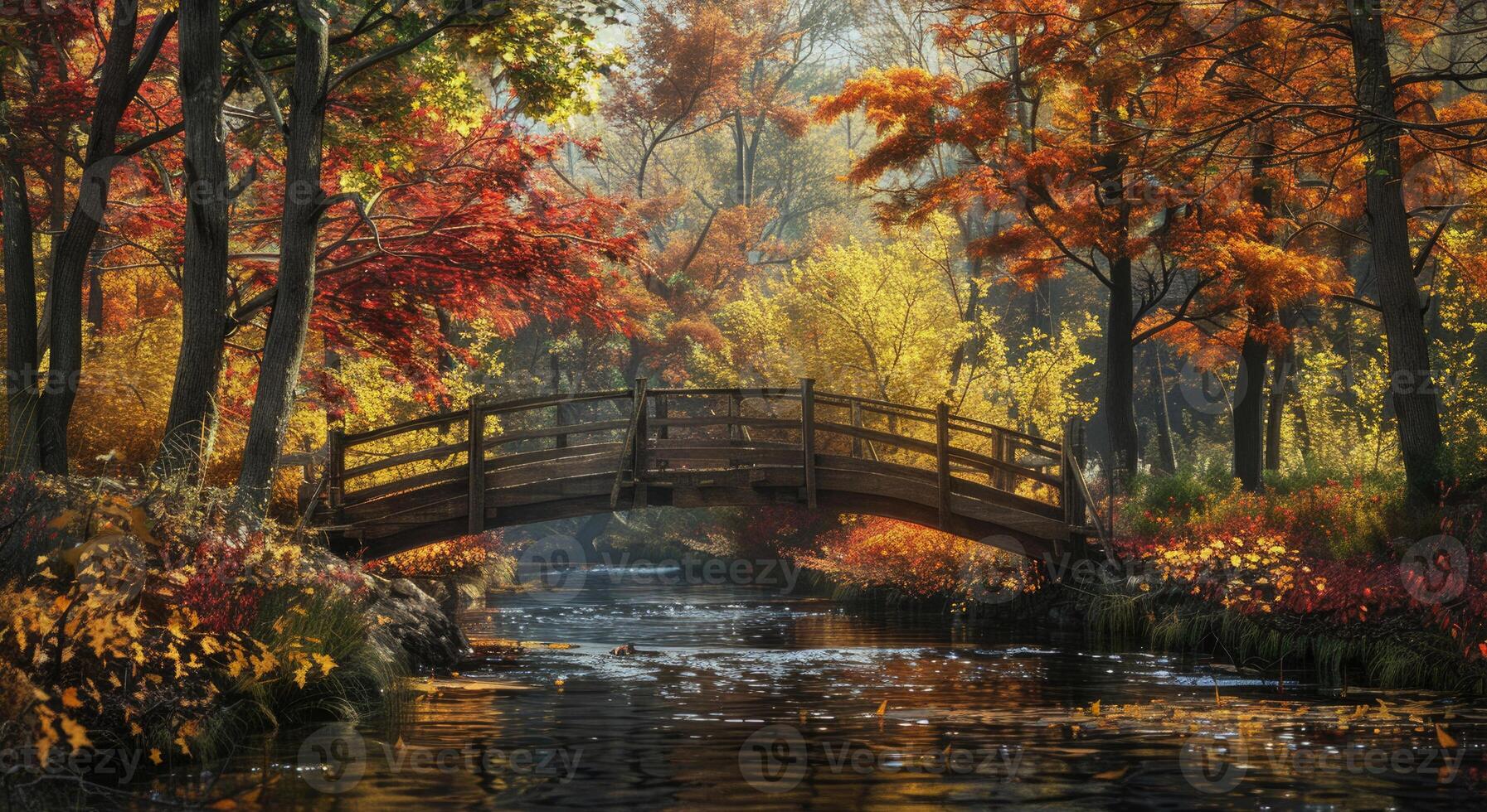 A bridge over a stream surrounded by colorful autumn leaves. photo