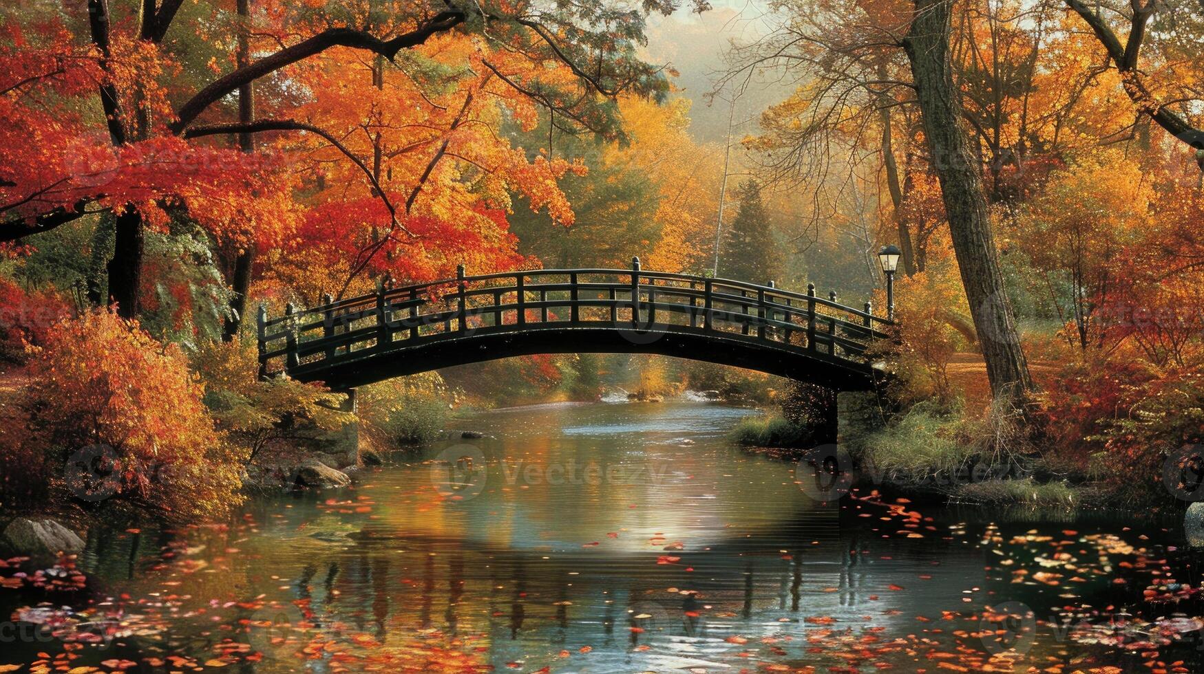 A bridge over a stream surrounded by colorful autumn leaves. photo