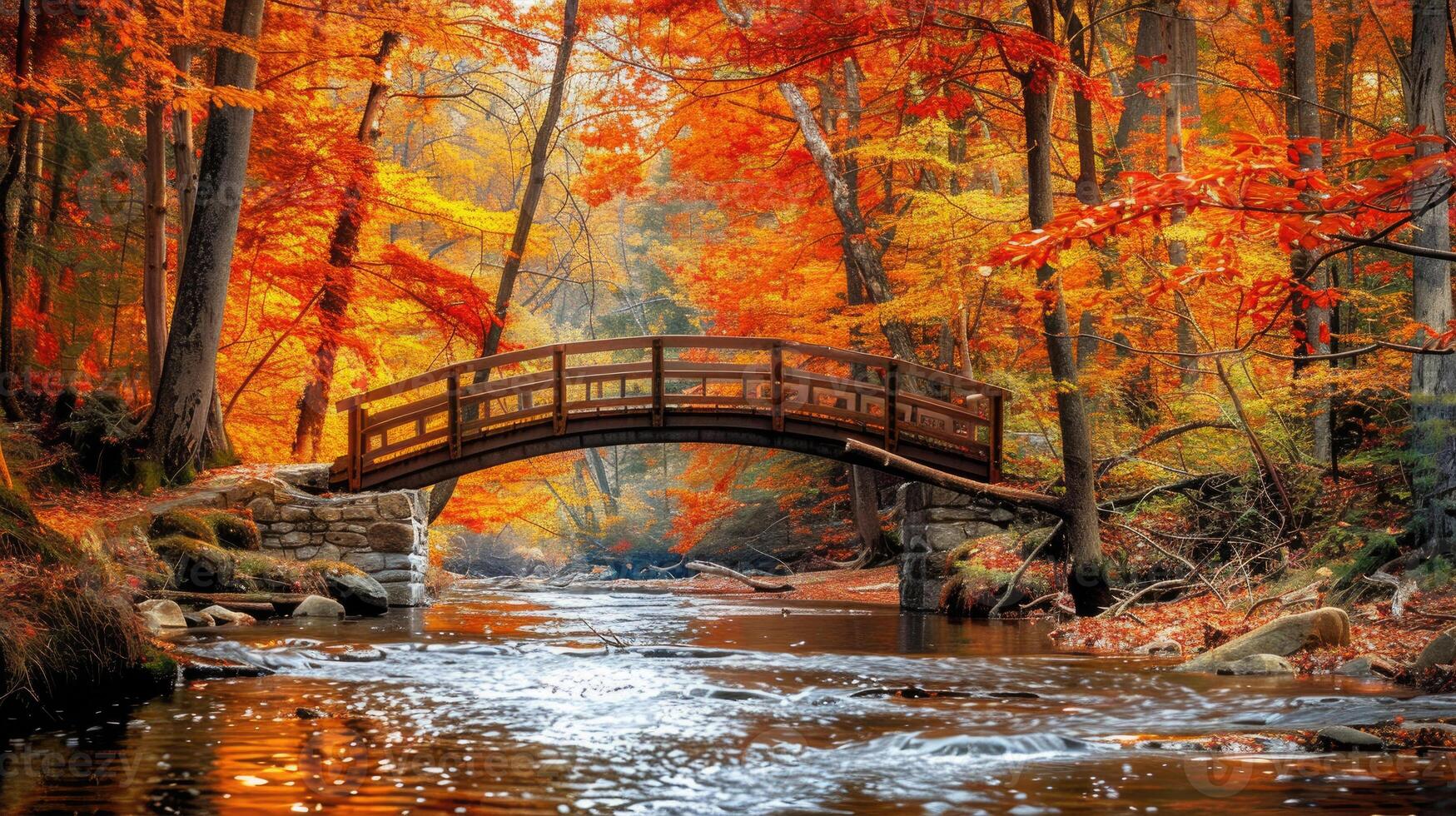 A bridge over a stream surrounded by colorful autumn leaves. photo
