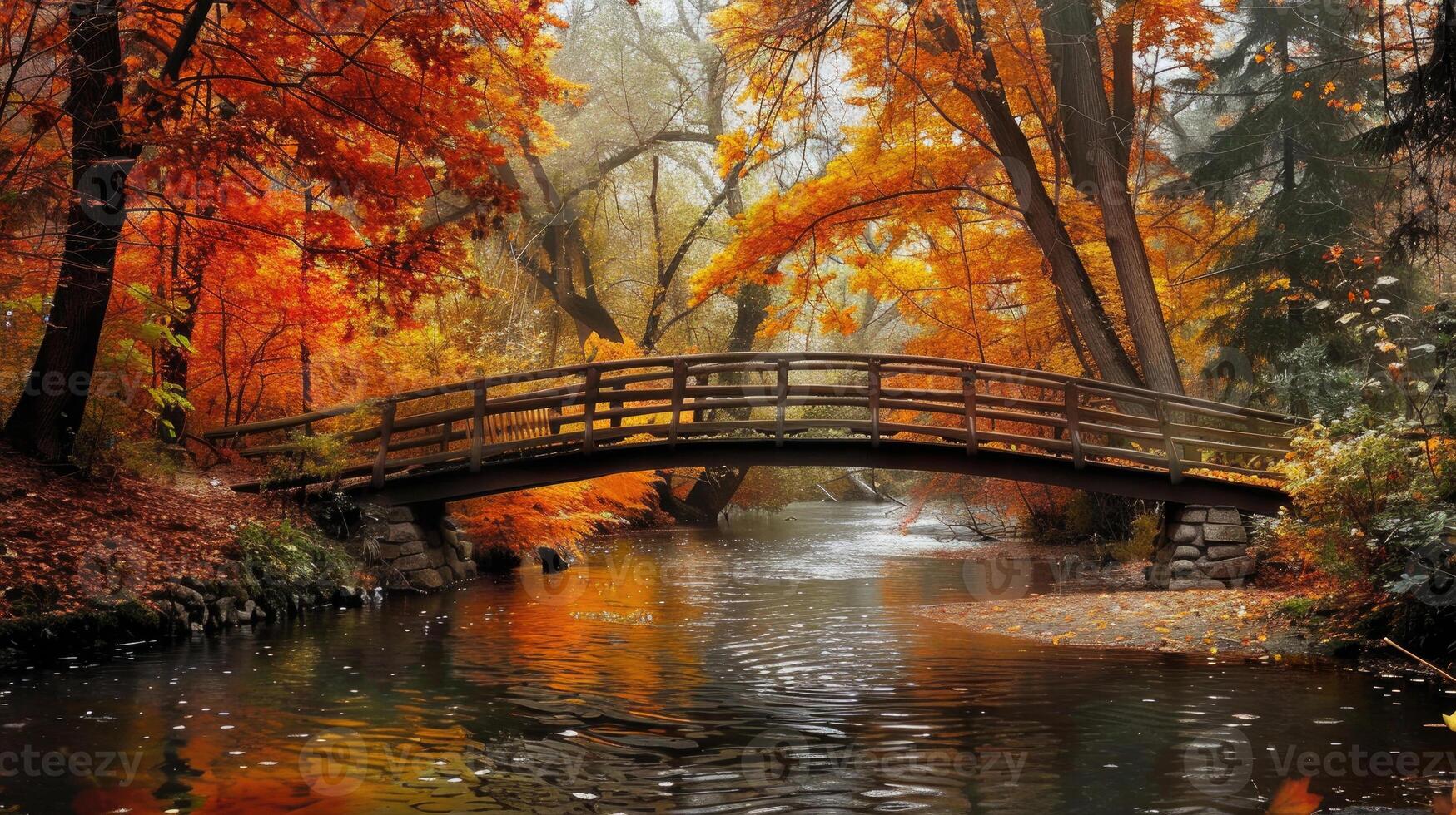 A bridge over a stream surrounded by colorful autumn leaves. photo