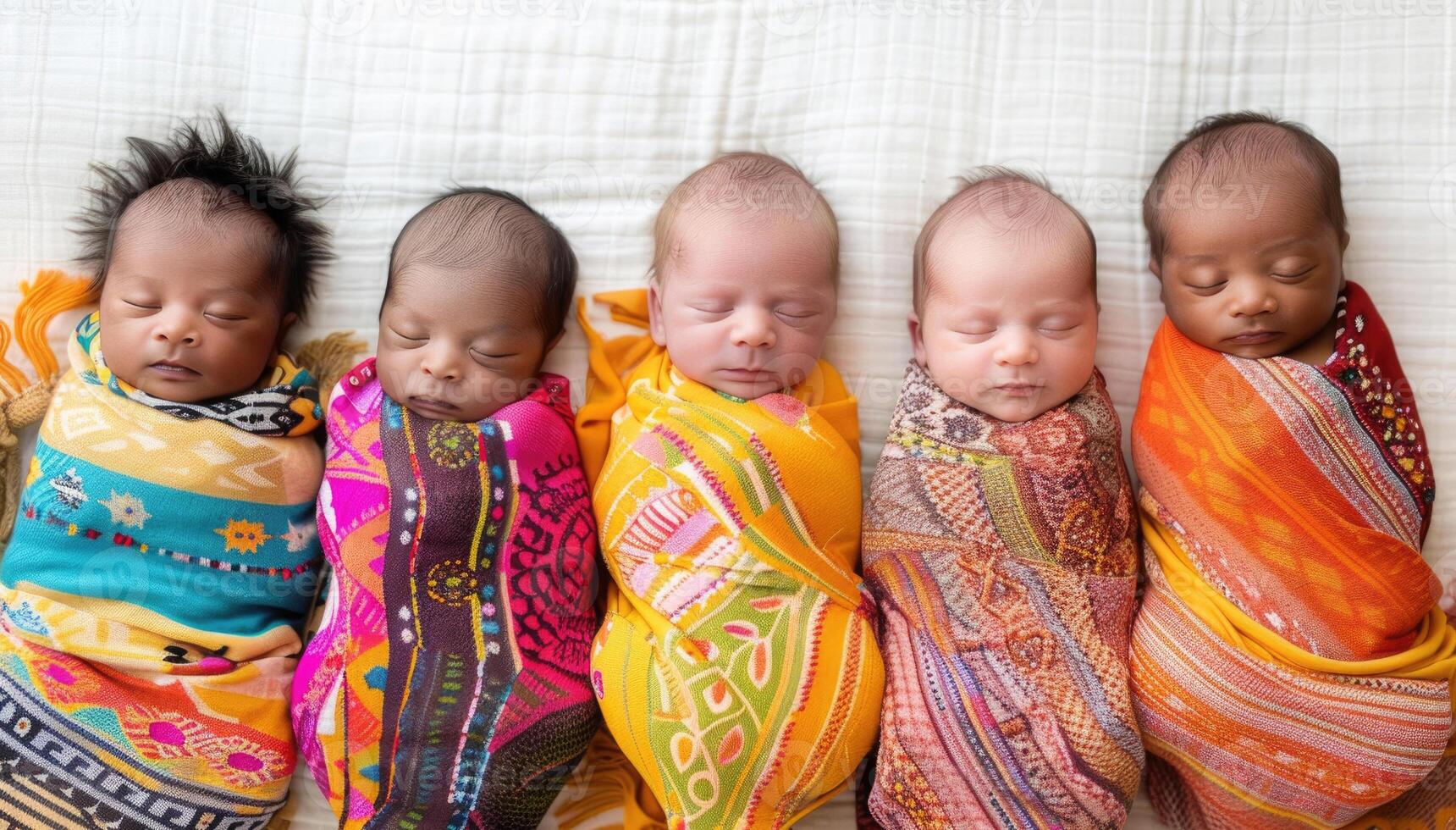 Five swaddled newborn babies of diverse ethnicities lying side by side on a white background. photo