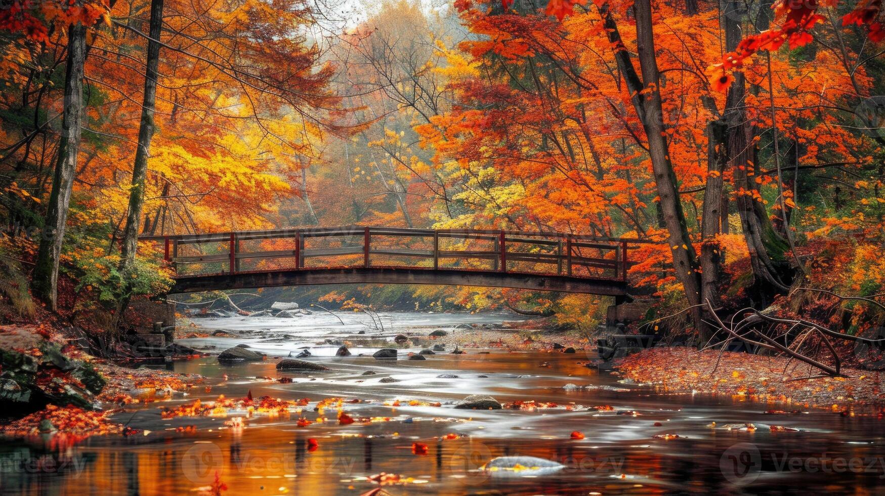 A bridge over a stream surrounded by colorful autumn leaves. photo