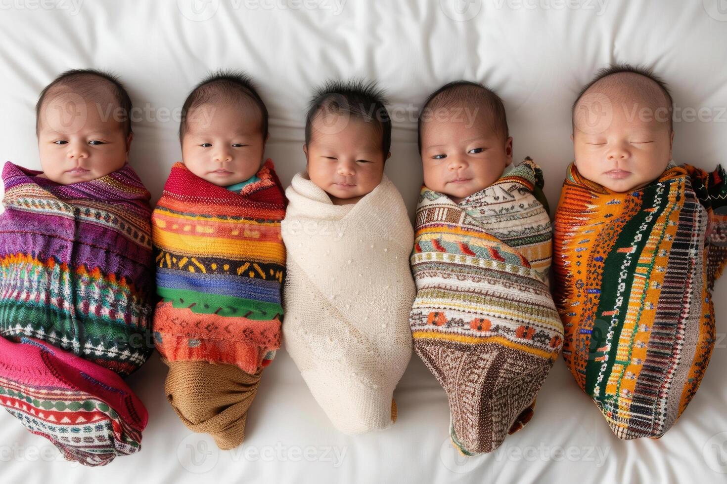 Five swaddled newborn babies of diverse ethnicities lying side by side on a white background. photo