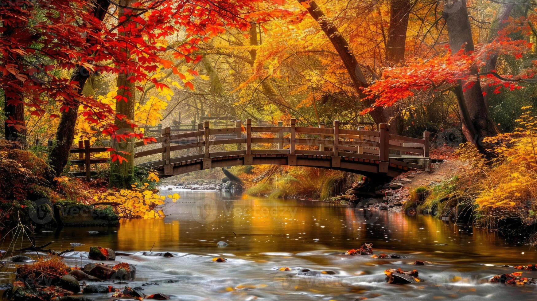A bridge over a stream surrounded by colorful autumn leaves. photo