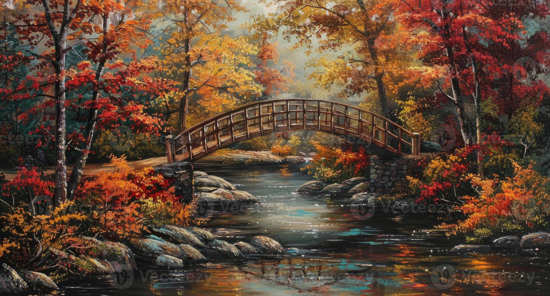 A bridge over a stream surrounded by colorful autumn leaves. photo
