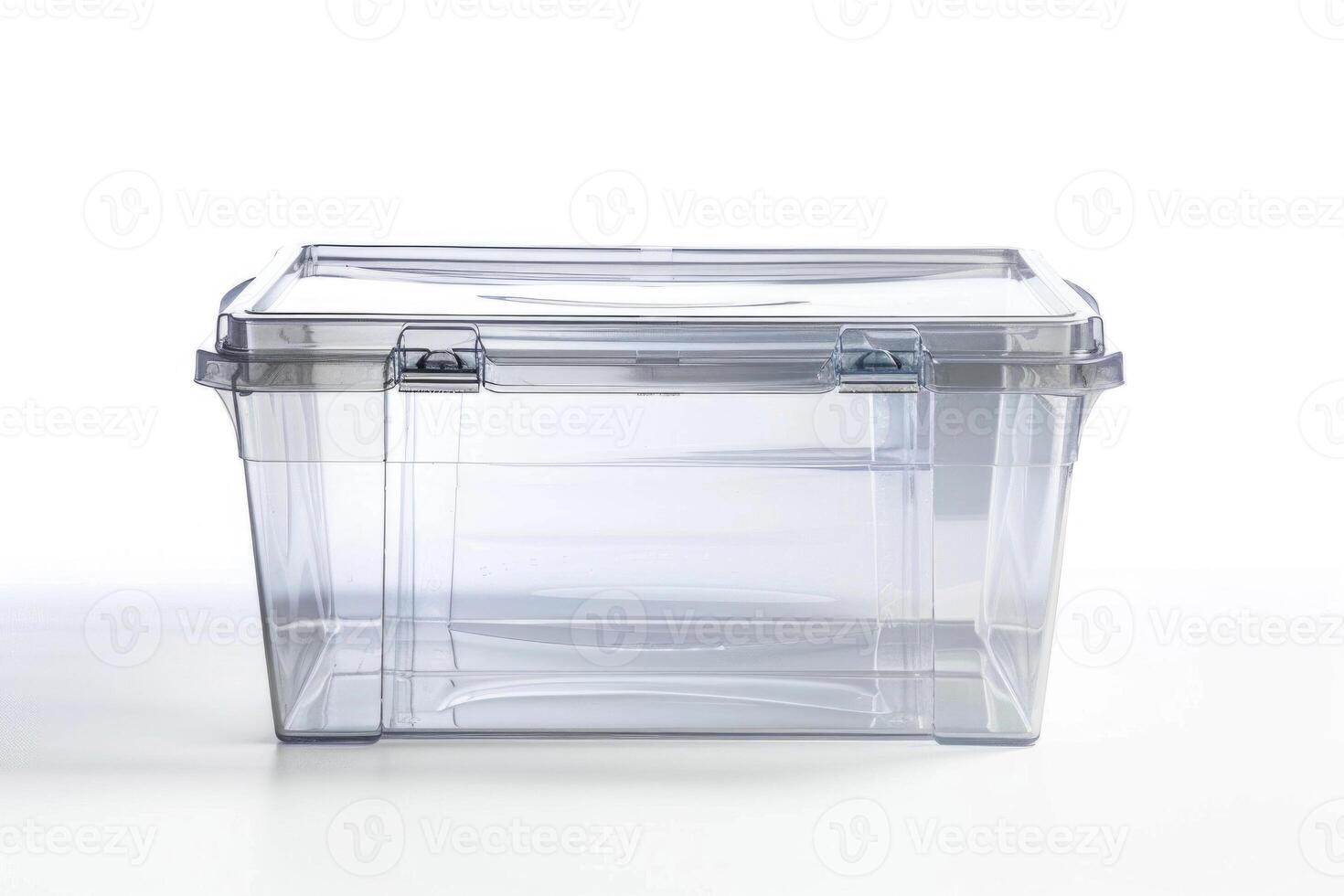 Clear plastic storage container on a white background. photo