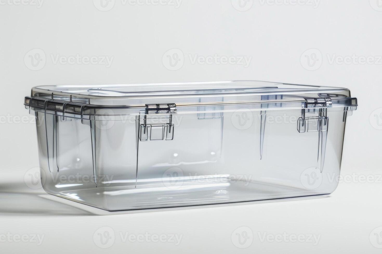 Clear plastic storage container on a white background. photo