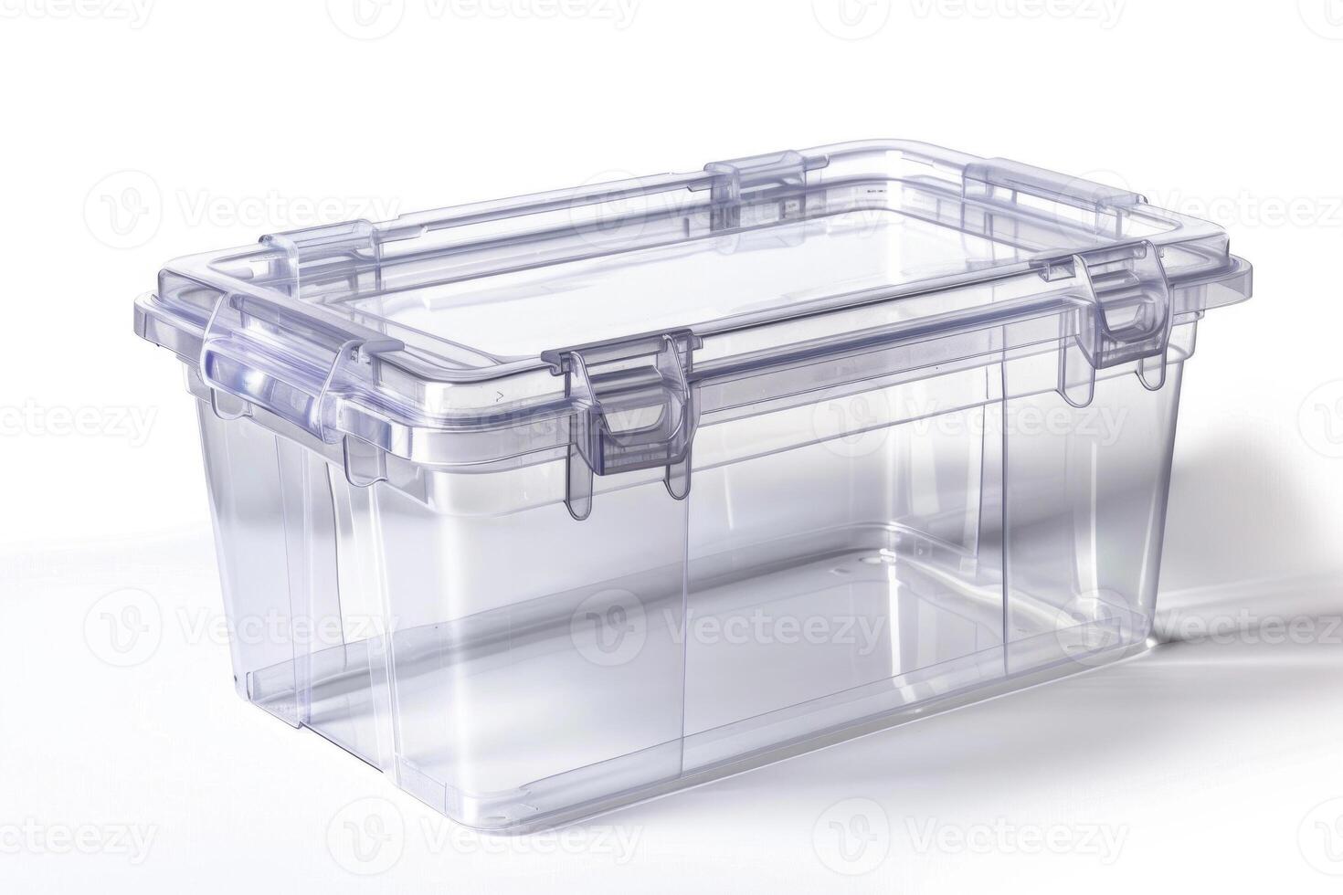 Clear plastic storage container on a white background. photo