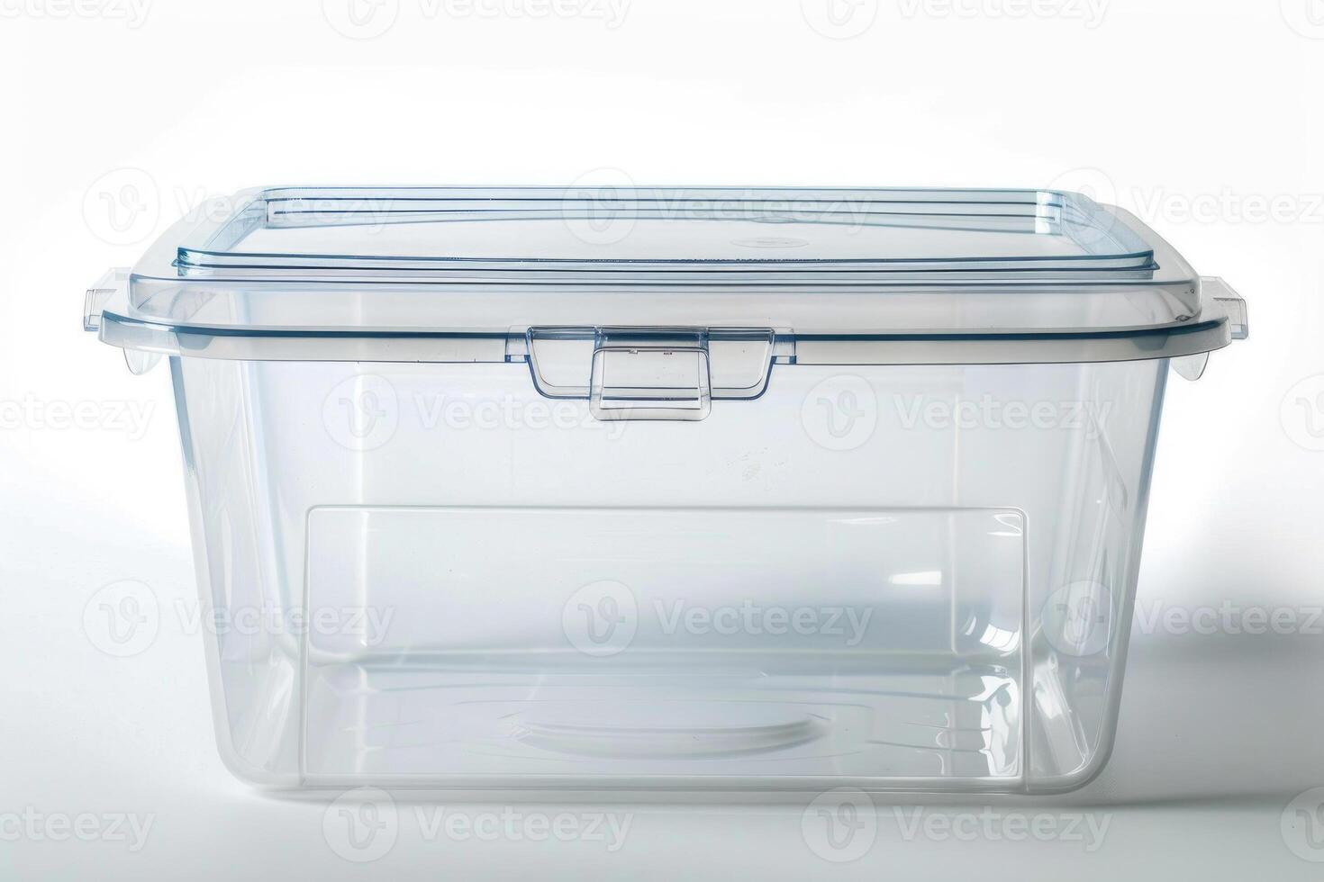 Clear plastic storage container on a white background. photo