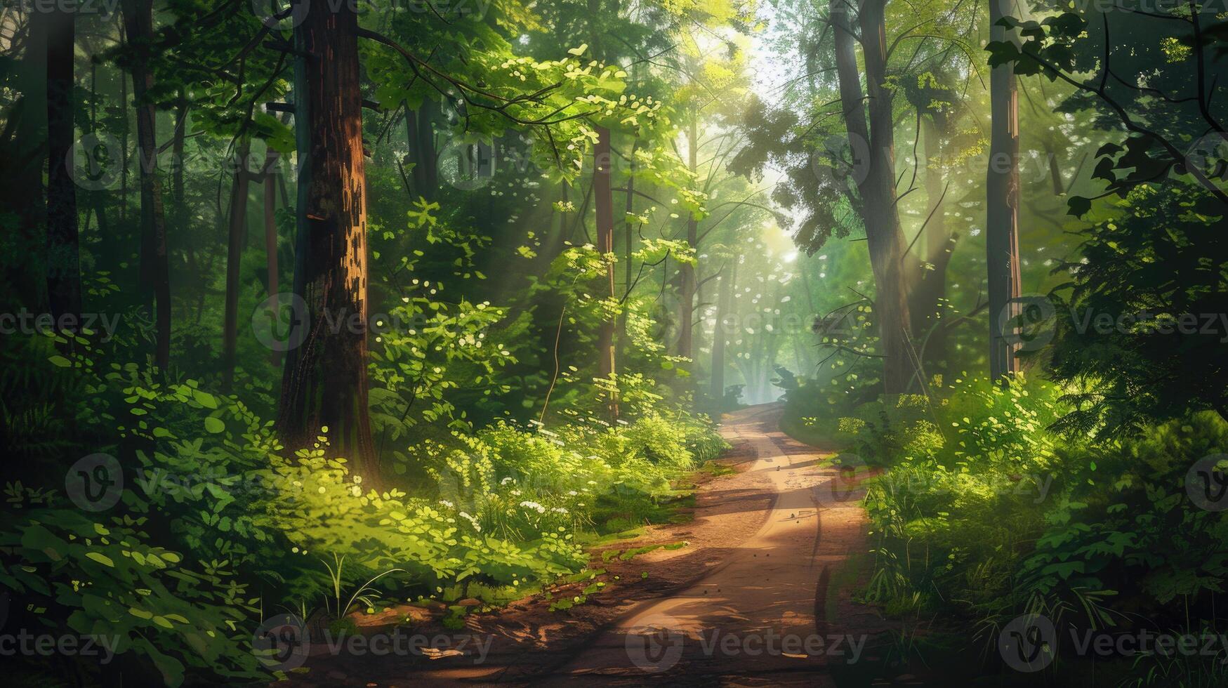 A sunlit forest path surrounded by lush green foliage in summer. photo