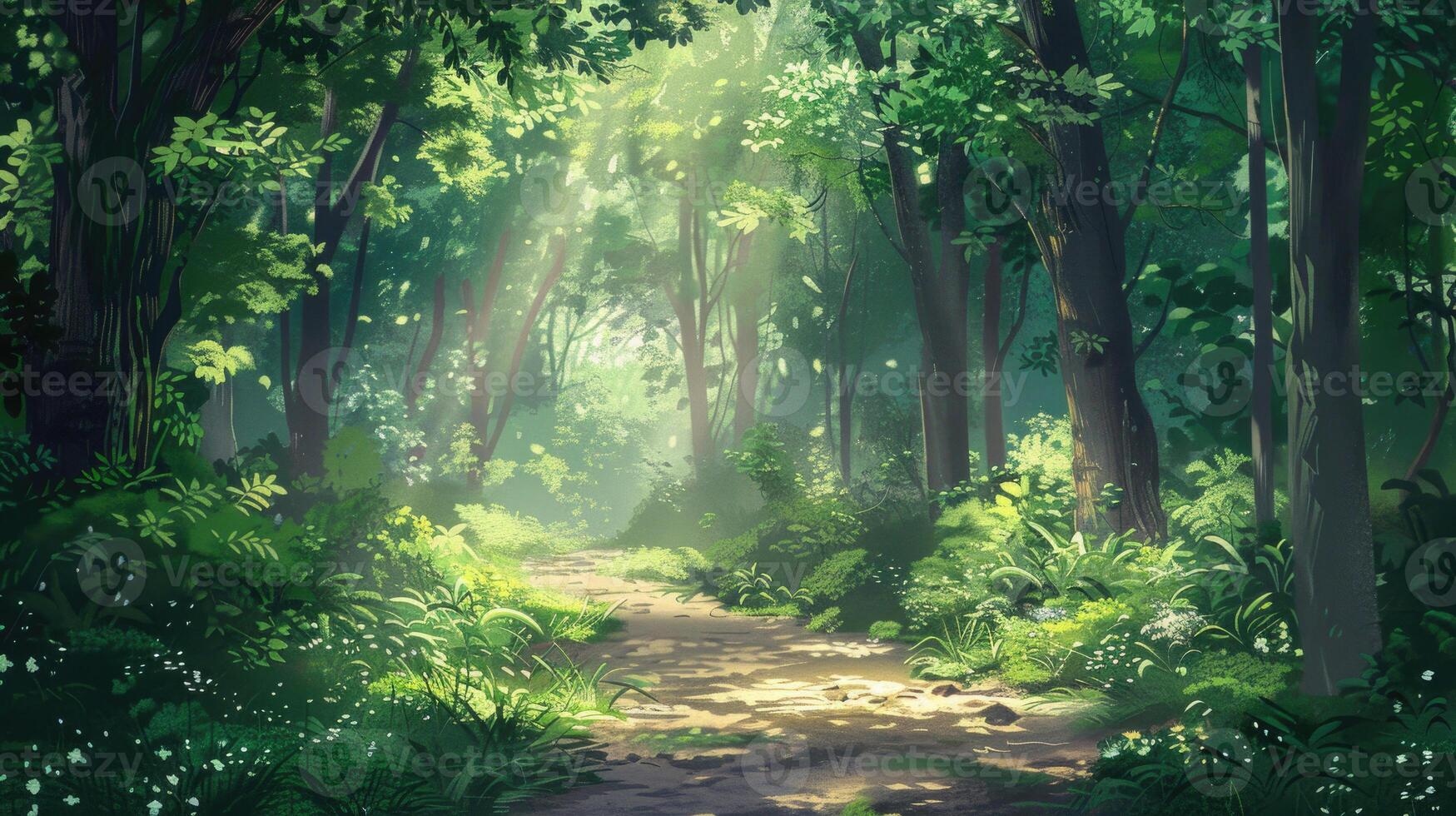 A sunlit forest path surrounded by lush green foliage in summer. photo