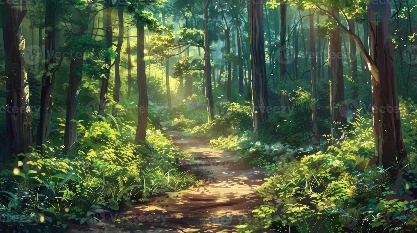 A sunlit forest path surrounded by lush green foliage in summer. photo