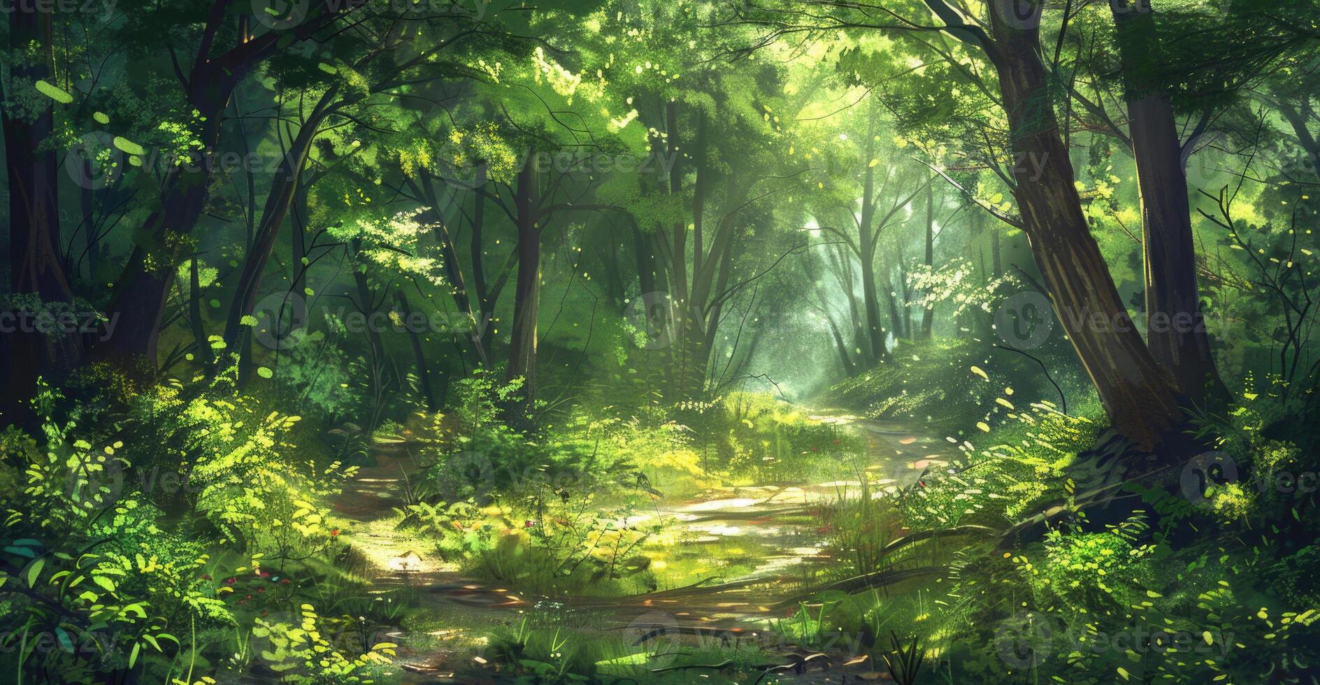 A sunlit forest path surrounded by lush green foliage in summer. photo