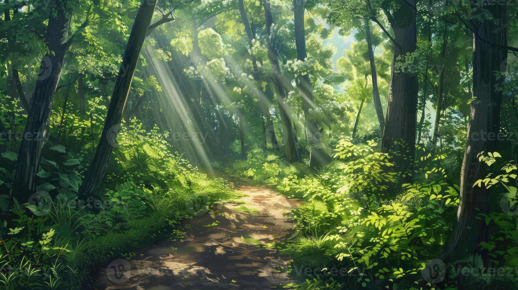 A sunlit forest path surrounded by lush green foliage in summer. photo