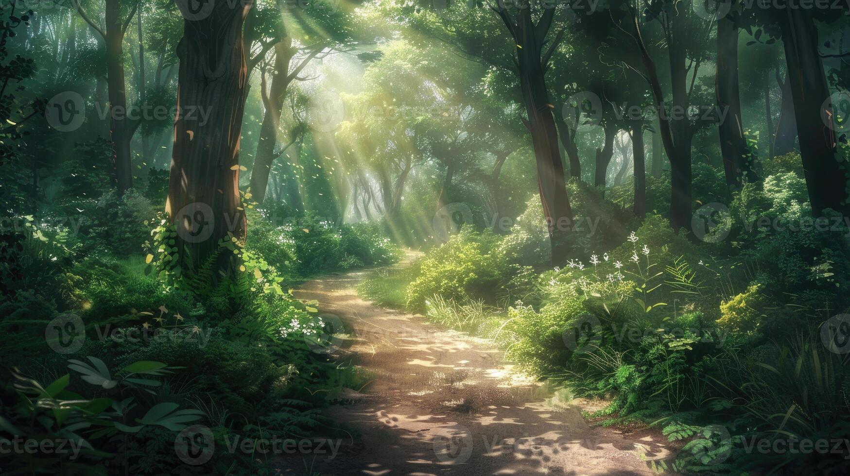 A sunlit forest path surrounded by lush green foliage in summer. photo