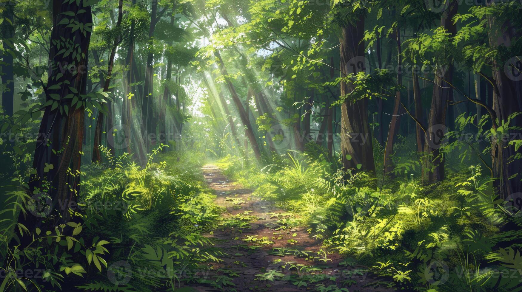 A sunlit forest path surrounded by lush green foliage in summer. photo